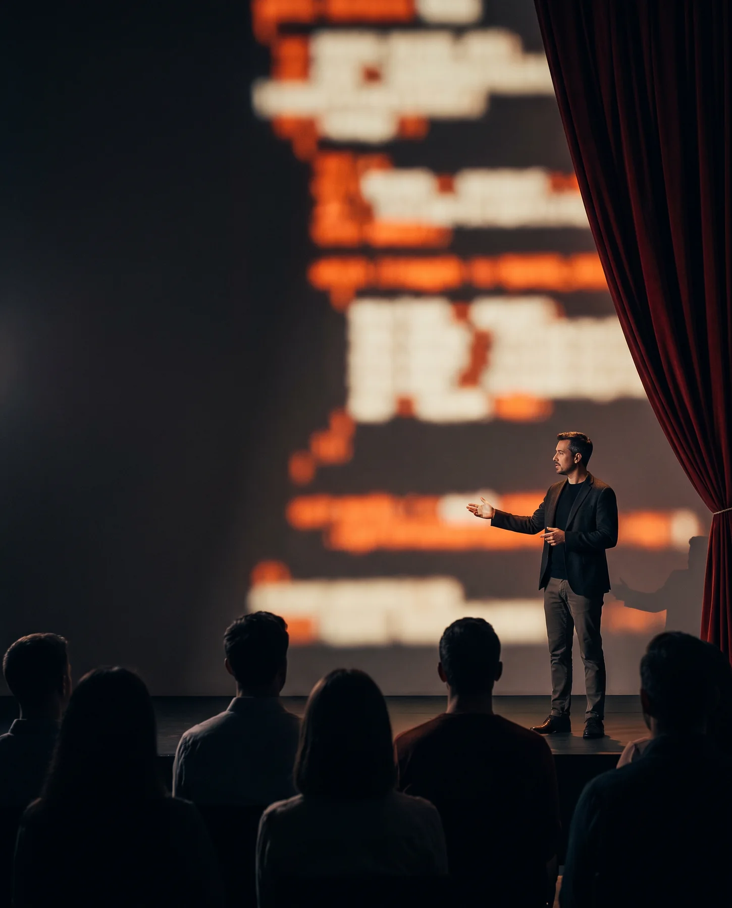Presenter on a dark theatre stage beside projected code