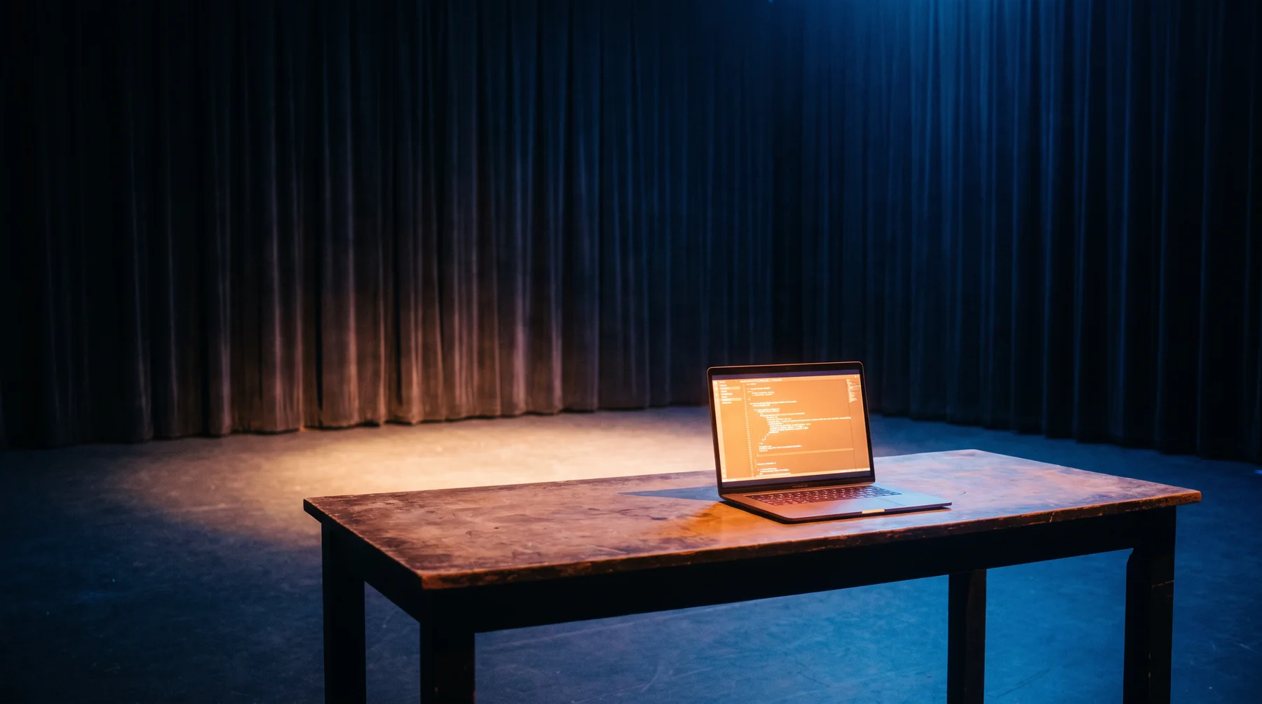 Laptop alone on a blue-curtained stage