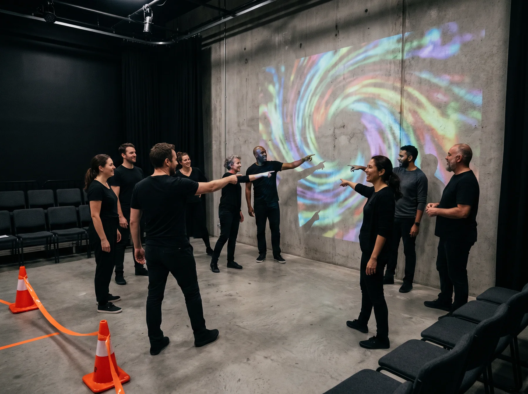 Workshop group gathered in a rehearsal space