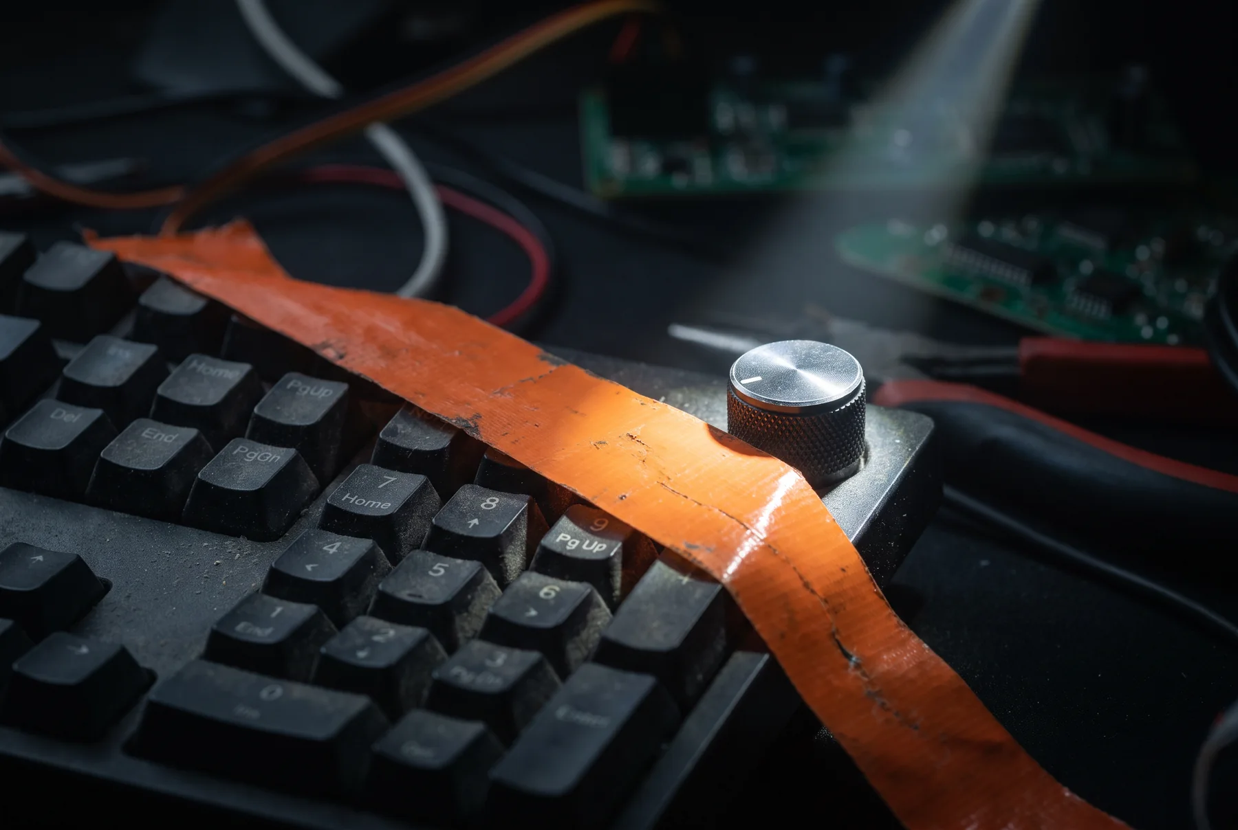 Close-up of a keyboard crossed by orange tape