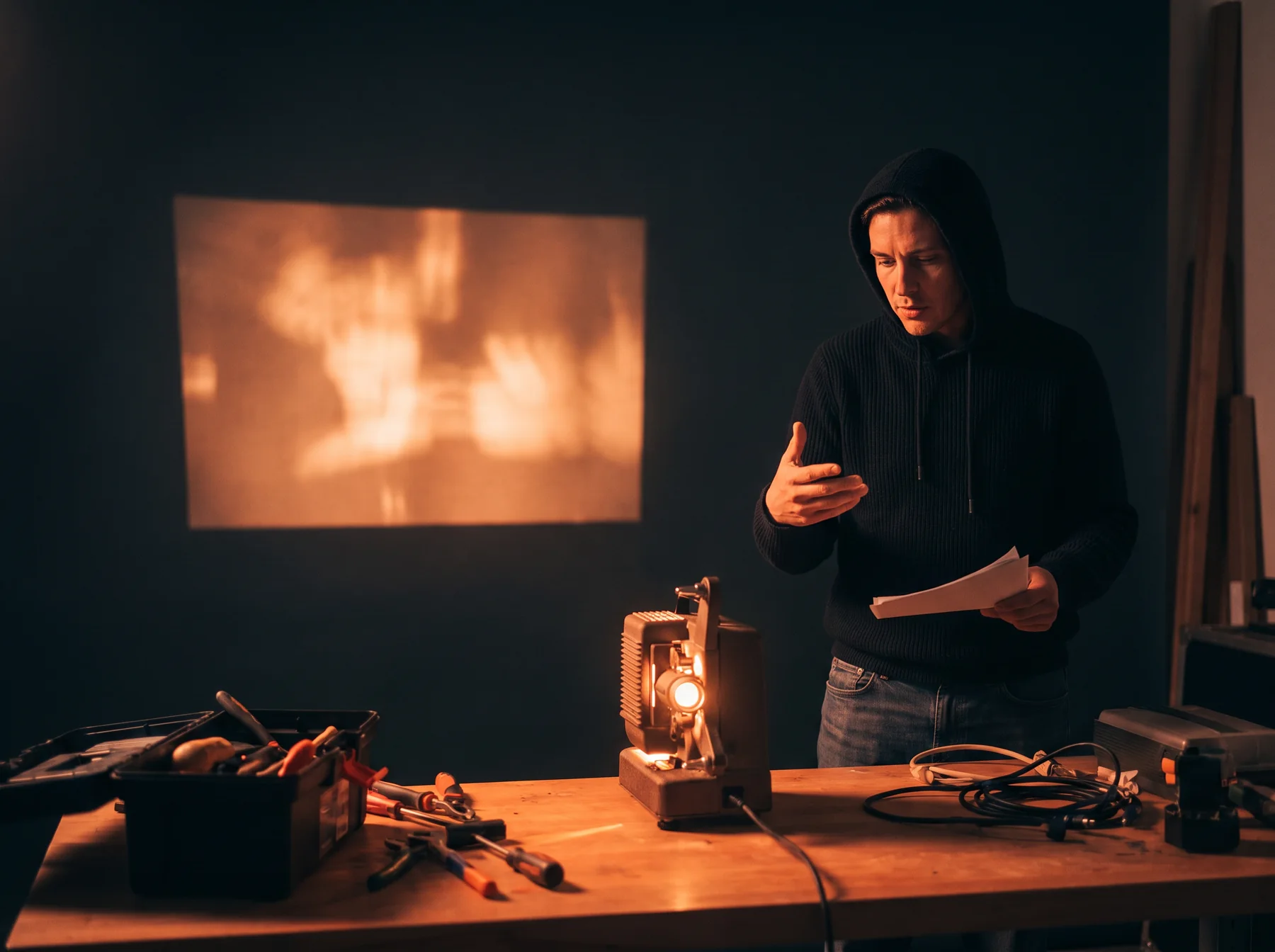 Instructor examining tools at a lit workbench