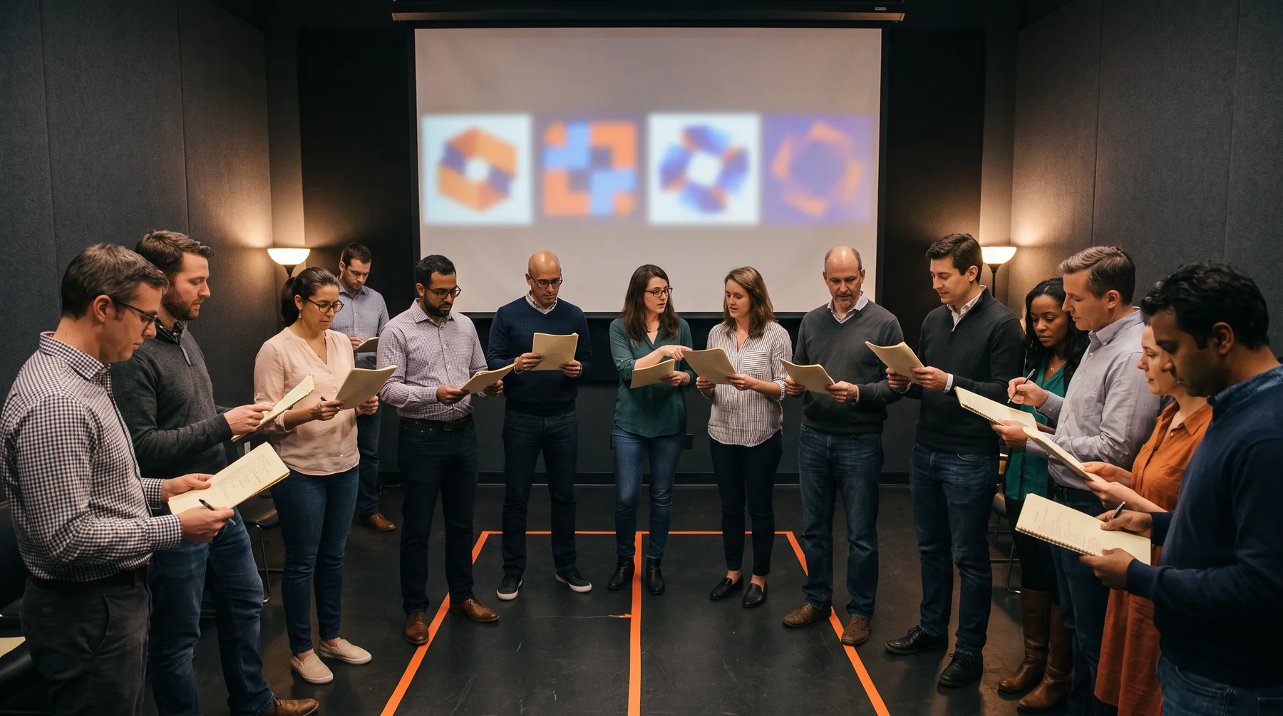 Group discussing notes in a workshop circle