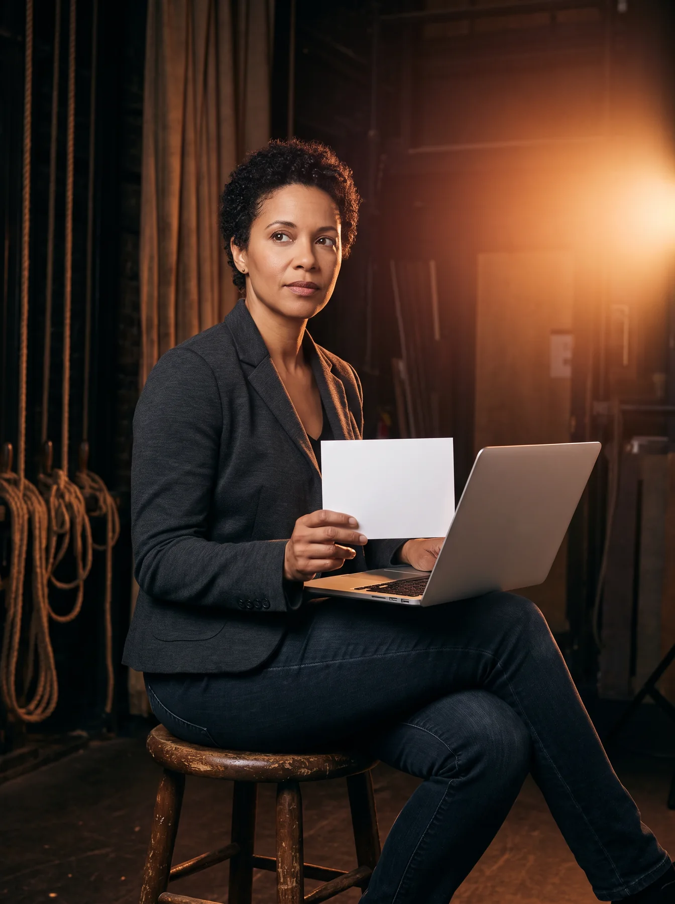 Workshop facilitator holding a notebook next to a laptop